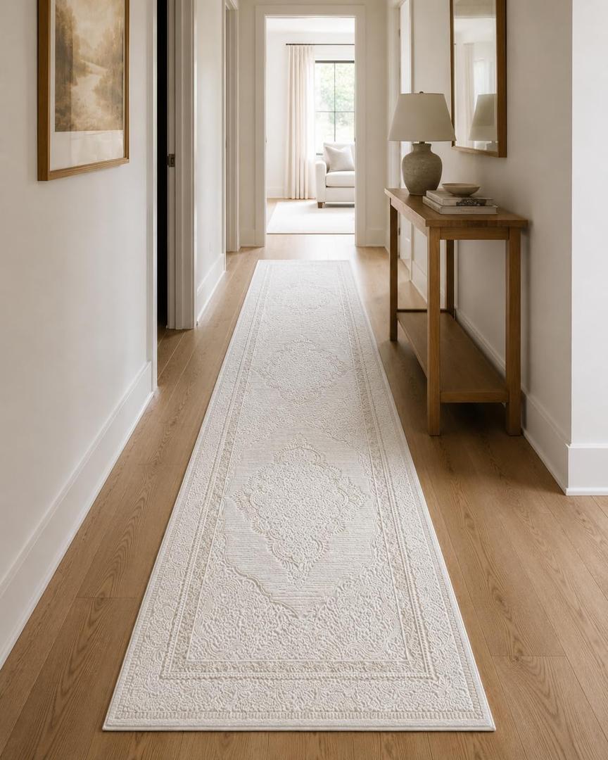 Well Woven Lafayette Crest Ivory Cream Textured Medallion Area Rug Ultra Soft, Size: 2'2" x 7'2" (Rectangular), Color: Beige / Cream