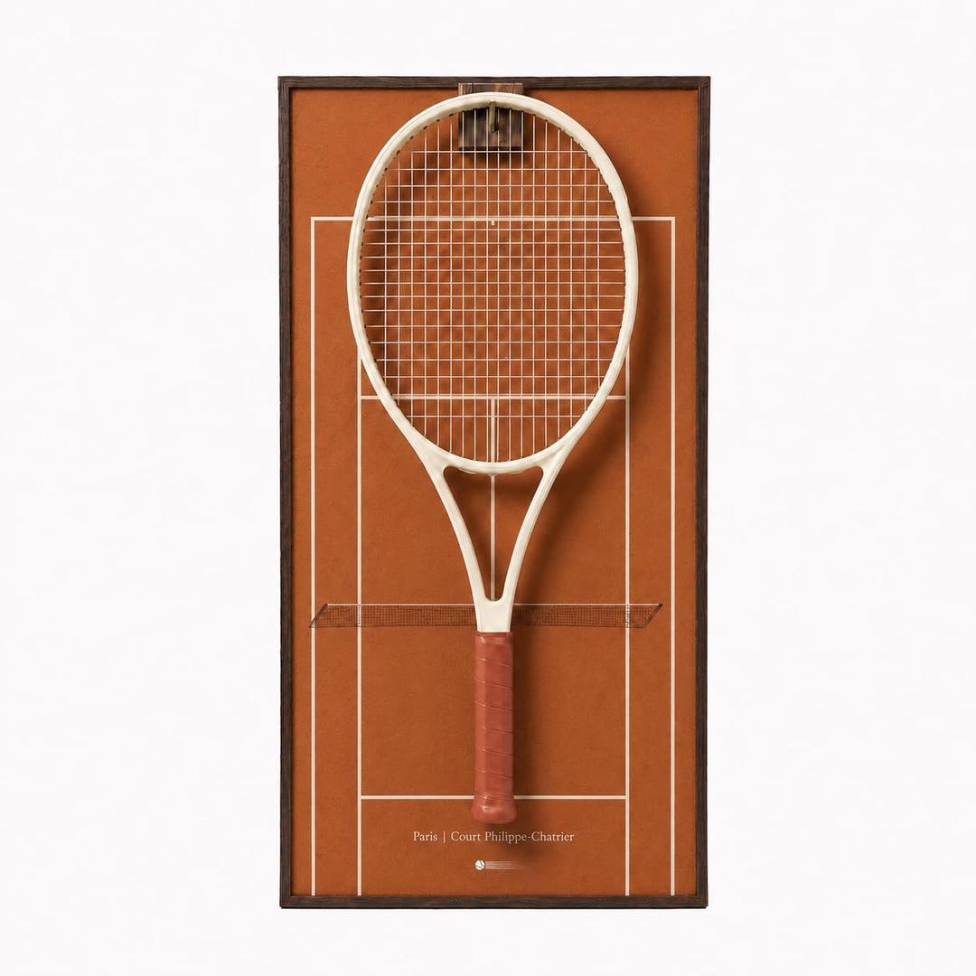 Tennis Racket Display Frame with Walnut Block & Copper Hooks – Showcase Your Vintage or Everyday Racket with Grand Slam Court Inspired Decor (16x31.5inch / 40x80cm), Standard