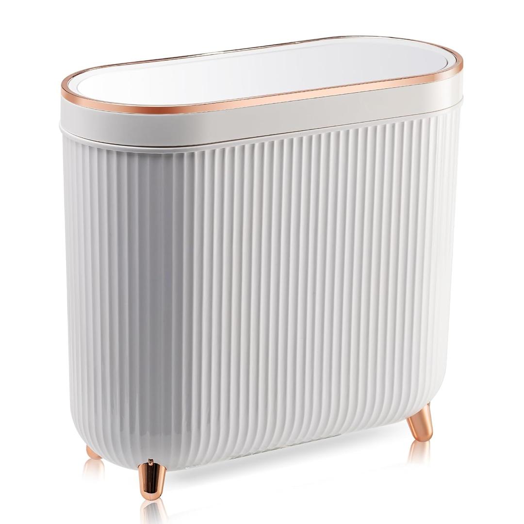 Bathroom Trash Can with Lid 3.2 Gallon Narrow Trash Can Small Plastic Trash Bin 12 Liter Rectangular Plastic Garbage Can with Press Type Lid for Bedroom Bathroom Milk White