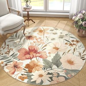 jinchan Summer Floral Round Rug 5ft Area Rug Indoor Circle 5' Round Washable Modern Oriental Flower Print Non Slip Carpet for Living Room Dining Room Bedroom Entryway Office Decor Pink/Grey