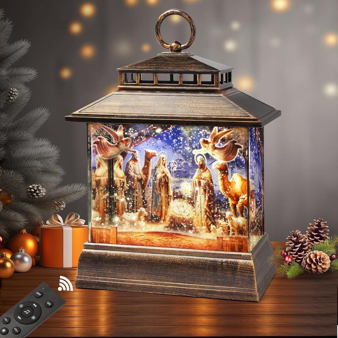 Christmas Snow Globe Lantern Water Glittering Lantern with 8 Songs & 6H Timer Romote Control Christmas Snow Globes USB & Battery Operated for Christmas Festival Decorations Gifts (Nativity)