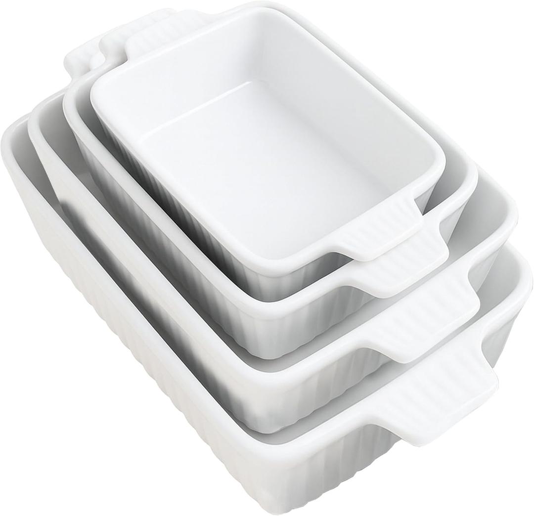 Emeril Lagasse Casserole Dishes for Oven, 4pc Ceramic Bakeware Set, Rectangular Deep Lasagna Pans with Handles, White