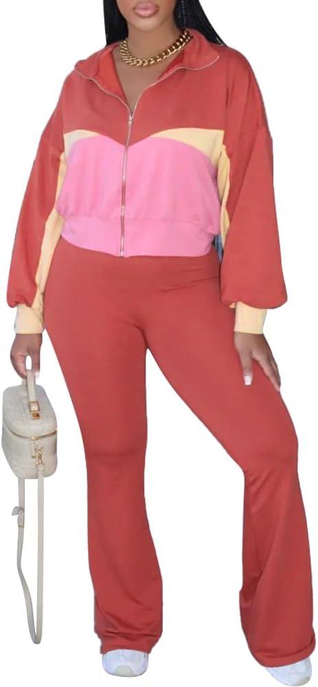 HBQ Women's Color Block 2 Piece Tracksuit Sets Long Sleeve Zip Up Crop Jacket and Flare Pants Casual Y2K Outfit-Orange Red-XL