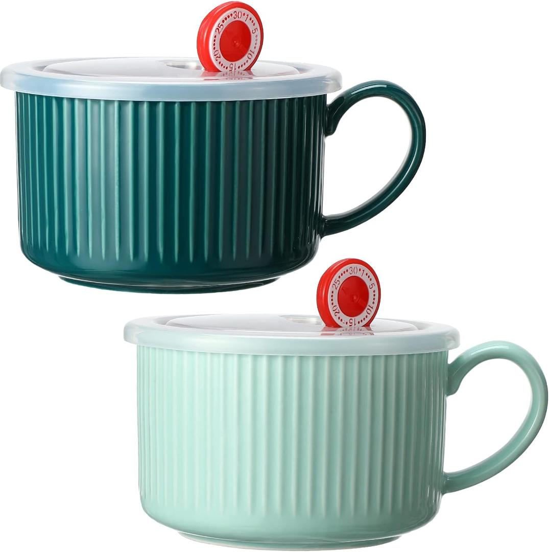 Nuenen 2 Pcs Soup Bowls with Lids and Handles 30 oz Microwave Safe Ceramic Soup Mug Microwavable Ramen Containers with Lids Large Colorful Cups for Noodle Cereal kitchen(Blue, Dark Green)