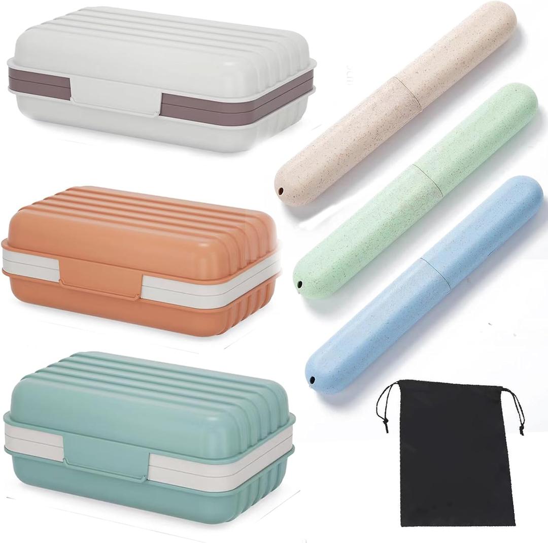 3Pcs Travel Soap Case and 3Pcs Toothbrush Travel Case Set,Leakproof Soap Dish with Lid Portable Toothbrush Holder for Traveling, Camping, Bathroom- Waterproof Drawstring Bag for Boot Backpack