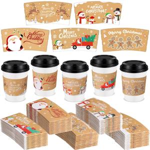 Remerry 125 Pack Winter Christmas Disposable Coffee Cup Paper Sleeves Xmas Santa Holiday Tea Hot Chocolate Cocoa Sleeves for 12oz 16oz Cups (Classic)
