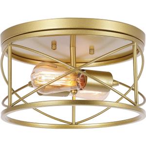 WELTRANS 2Light Flush Mount Ceiling Light Fixture, Industrial Modern Gold Ceiling Lamp, Vintage Farmhouse Light Fixture for Hallway, Bedroom, Dining Room, Living Room, Kitchen, Entryway