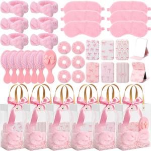6 Set Pink Spa Sleepover Party Favors for Girls Women Slumber Party Supplies Bulk with Sleep Eye Mask Mirror Hair Comb Headband for Women Slumber Pink Bow Gifts for Wedding Bridal Shower