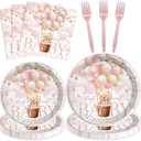 96 Pcs Girl Bear Baby Shower Party Tableware Set Pink Hot Balloons Bear Disposable Paper Plates and Napkins We Can Barely Wait Baby Shower Party Supplies for 24 Guests (Pink)