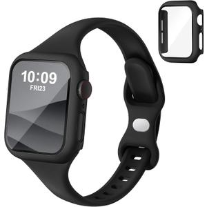 Thin Slim Band and Case Compatible for Apple Watch Bands Women Men 40mm 44mm 42mm 46mm 41mm 45mm, Silicone Sport Strap Cover and Screen Protector for iWatch Series 11/10/9/8/7/6/5/4/SE 3 (Black)
