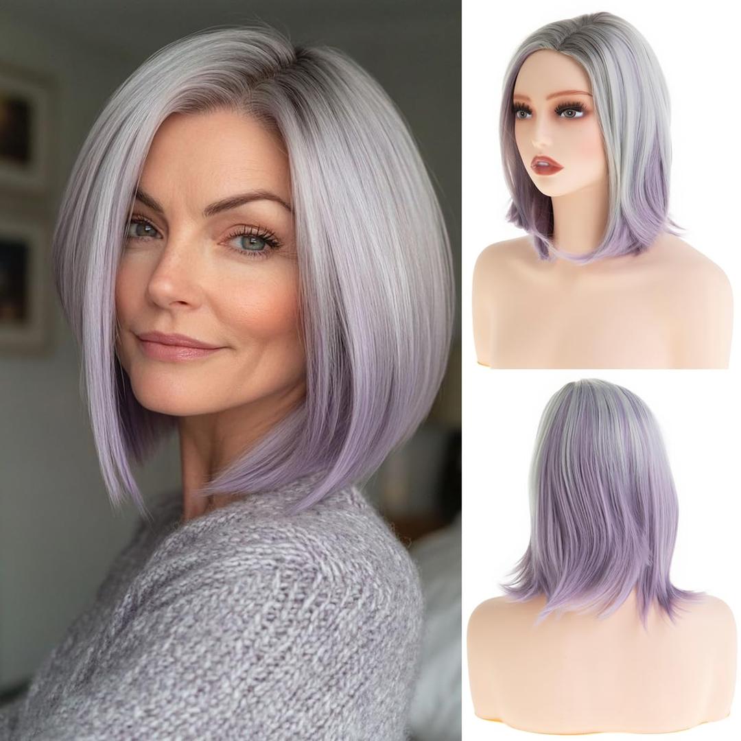 Short Grey Purple Bob Wig Women Synthetic Side Part Heat Resistant Halloween Cosplay Ombre Wig