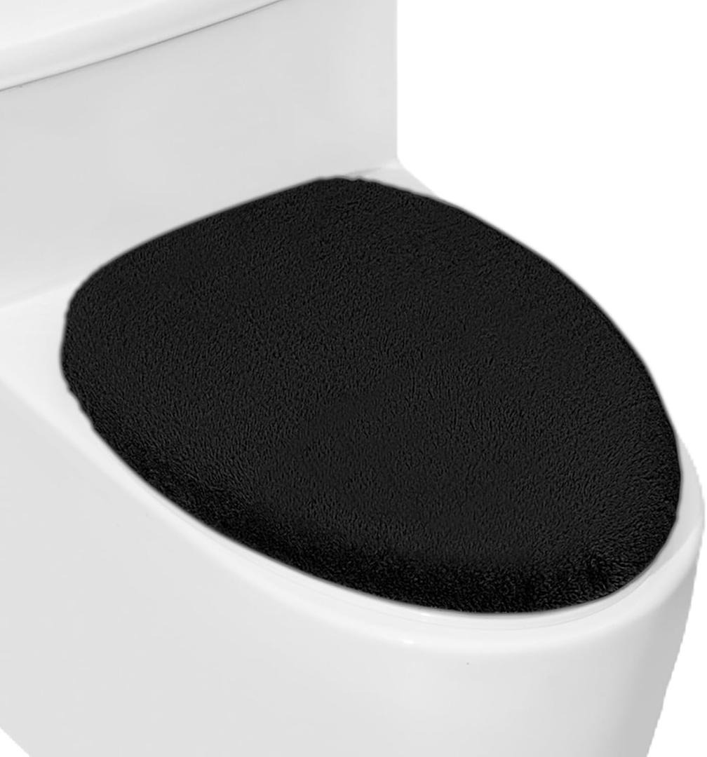 Soft Plush Toilet Lid Cover for Bathroom, Machine Washable Toilet Seat Covers, Fits Most Round Elongated and Oblong Lids, Easy Installation& Cleaning (Black)
