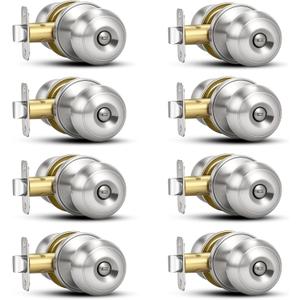 Plustool 8 Pack Brushed Nickel Door Knobs,Privacy Door Knob with Lock, Interior Doorknobs Silver, Keyless Door Locks Set for Bedrooms Bathrooms, Reversible for Left/Right Door Handle