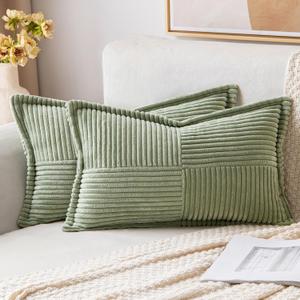 MIULEE Boho Decorative Pillow Covers for Couch Bed Sofa Farmhouse Home Decor 12x20 inch Set of 2 Sage Green Throw Pillow Broadside Soft Corduroy Pillowcase with Splicing Cushion Livingroom (20" x 12" (Pack of 2))