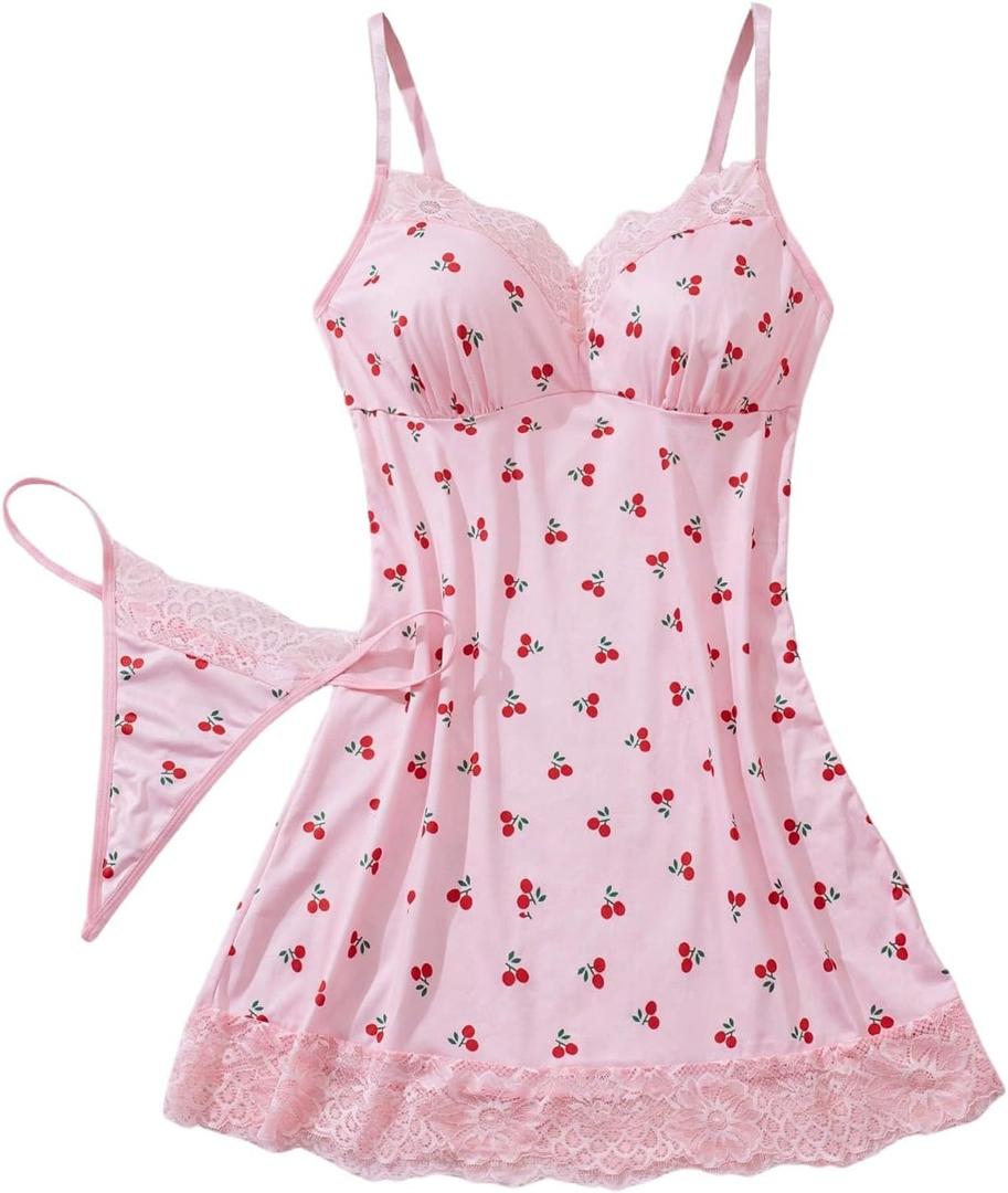 WDIRARA Women's Cherry Lingerie Dress 2 Piece Sleepwear Lace Trim Chemise Nightgown with Thong Small