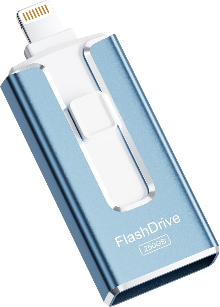MFi Certified 256GB Flash Drive for iPhone, 3 in 1 Type-C USB Memory Stick Thumb Drive for Photos Videos, High Speed External Memory Storage Photo Stick for iPhone iPad Android PC (Blue)