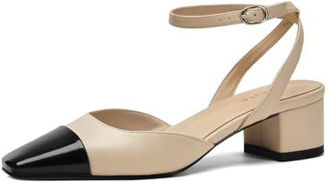 LUMUTA Womens Mary Jane Chunky Low Heels Closed Square Toe Ankle Strap Pumps Wedding Party for Office Casual Dress Shoes (Nude,8.5)