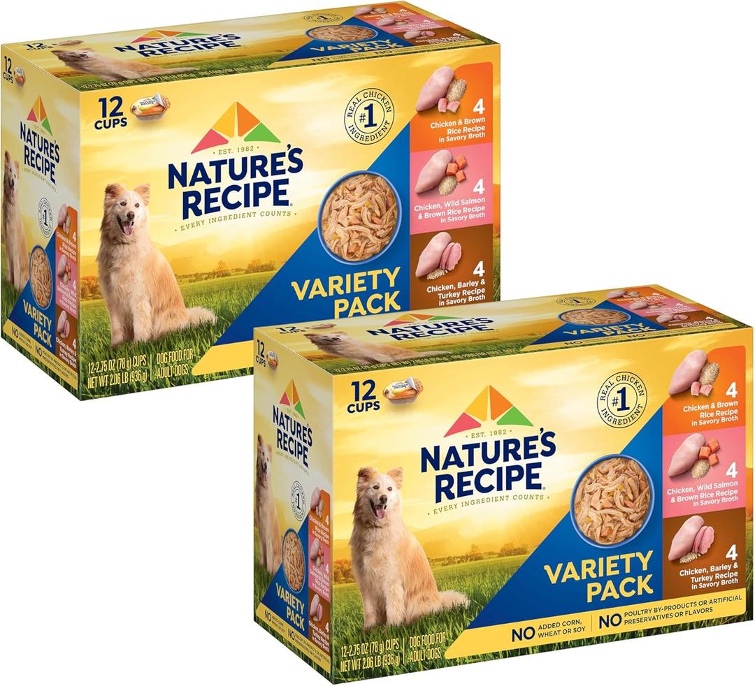 Natures Recipe Chicken, Salmon and Turkey Recipes Variety Pack Wet Dog Food, 12-2.75 oz. Cups, 2 Count, Best Before Jul. 31, 2027