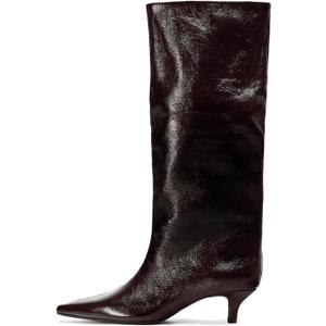 Goolita Burgundy Knee High Boots For Women, Pointed Toe Kitten Heel Wide Calf Boots Cherry Red Slip On Dress Tall Boots (9)