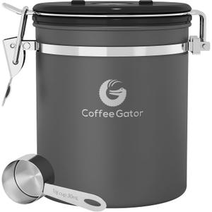 Coffee Gator Stainless Steel Canister - Medium 16oz, Gray Coffee Grounds and Beans Container with Date-Tracker, CO2-Release Valve, and Measuring Scoop - Ideal Coffee Lovers Gifts