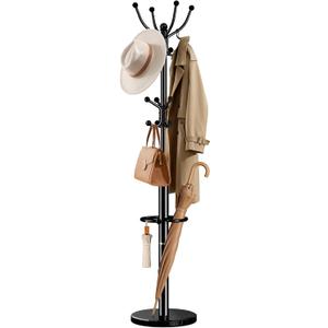 Pipishell Metal Heavy Duty Coat Rack with Sturdy Marble Base, Coat Tree with 16 Hooks & Detachable Umbrella Holder,Coat Rack Freestanding for Entryway, Corner, Bedroom and Home Office, Black