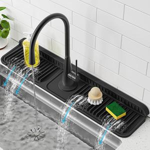 PoYang 24 inch Faucet Mat for Kitchen Sink Splash Guard, 7 Slope Silicone Sink Water Splash Guard for Kitchen Sink Area with Snap Button, Longer Sink Protectors for kitchen Sink Sponge Holder, Black