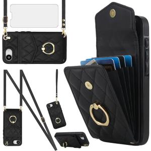 Phone Case for iPhone 16e/SE 2025/SE 4 Wallet Cover with Tempered Glass Screen Protector and Ring RFID Blocking Card Holder Cell i Phone16e i16e 16 e SE4 4th Generation 16eCase Women Men Girls Black