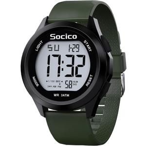 SOCICO Mens Digital Watch Sports Waterproof Outdoor Large Face Military Watches with Stopwatch Back Light Alarm Date Display (Green)