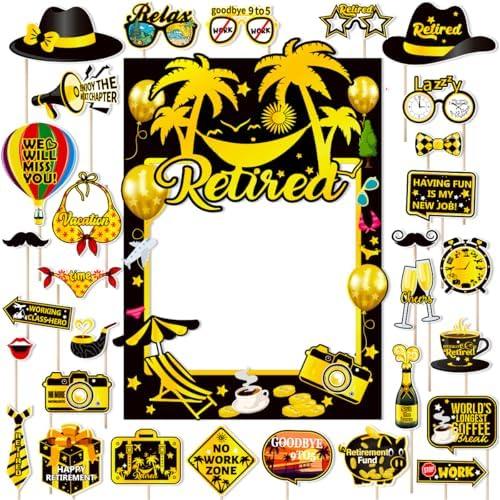 Retirement Party Photo Booth Props Kit Retirement Selfie Props Retirement Party Supplies Retirement Happy Party Decoration - 30pcs Selfie Props with Happy Retirement Frame - Black and Gold Theme