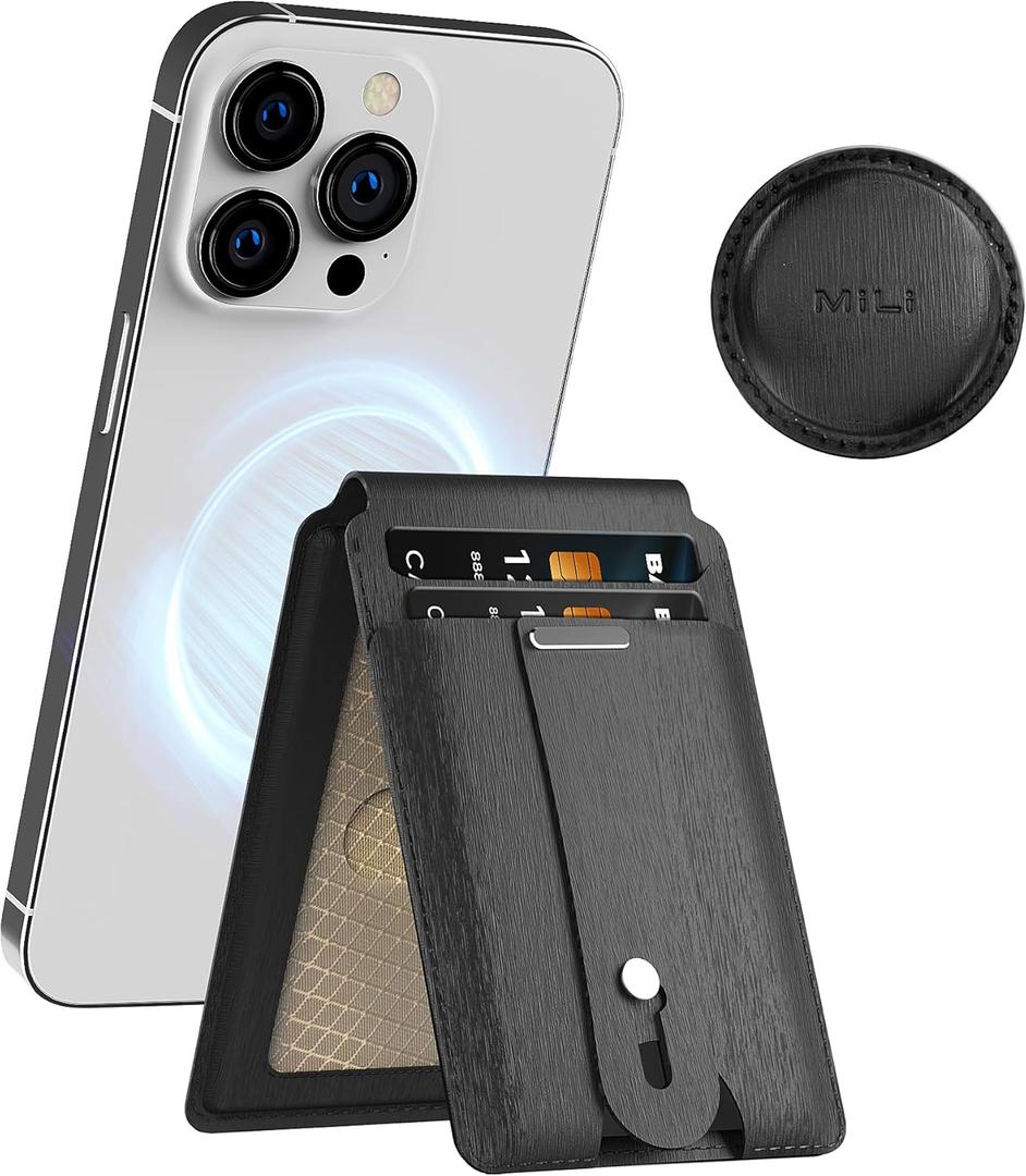 MiLi for Magsafe Wallet Stand with Airtag Holder, Magnetic Wallet Phone Stand with Detachable Case for AirTag, Card Holder for iPhone 16/15/14/13/12 Series, PU Leather, Black (4 Slots)