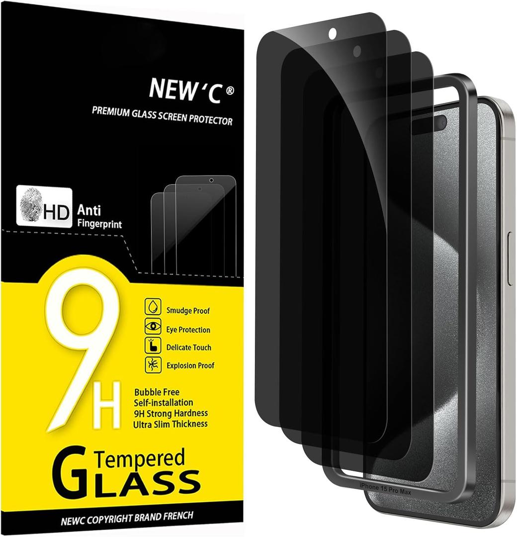 NEW'C 3 Pack Privacy for iPhone 15 Pro Max Screen Protector (6.7 inches), Anti-Spy Tempered Glass Film, Case Friendly Ultra Resistant, Balanced 28-Degree Privacy Angle-Easy installation Tool included