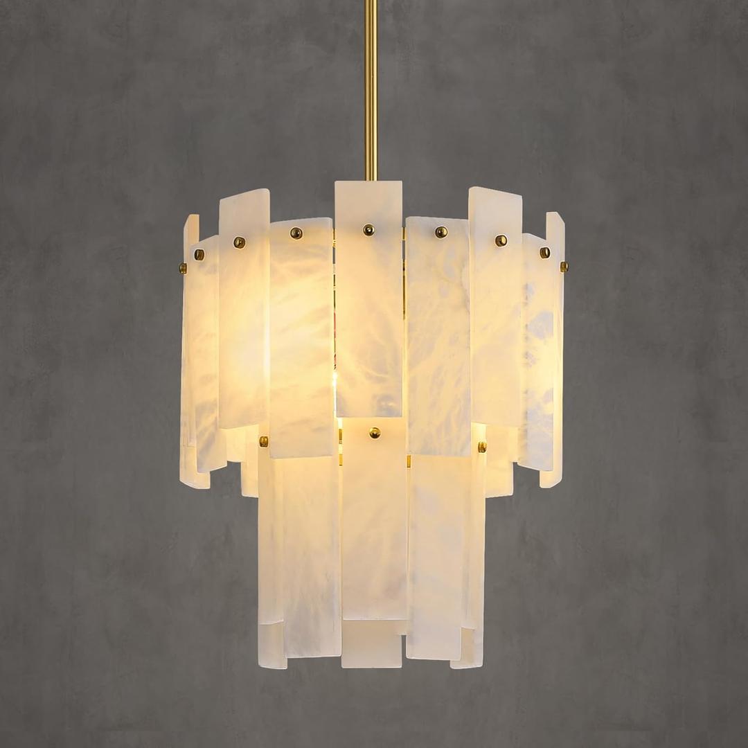 Alabaster Round Chandelier, 2-Tier Spanish Alabaster Chandeliers, Warm White, 13" Modern Small Gold Marble Pendant Chandeliers for Foyer, Kitchen Island, Dining Room, Bedroom, D13in