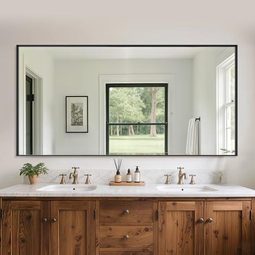 Suidia Bathroom Mirror, 60" x 30" Wall Mirror Metal Framed, Bathroom Vanity Mirror for Living Room Bedroom Bathroom Entryway, Black, Rect Corner Style