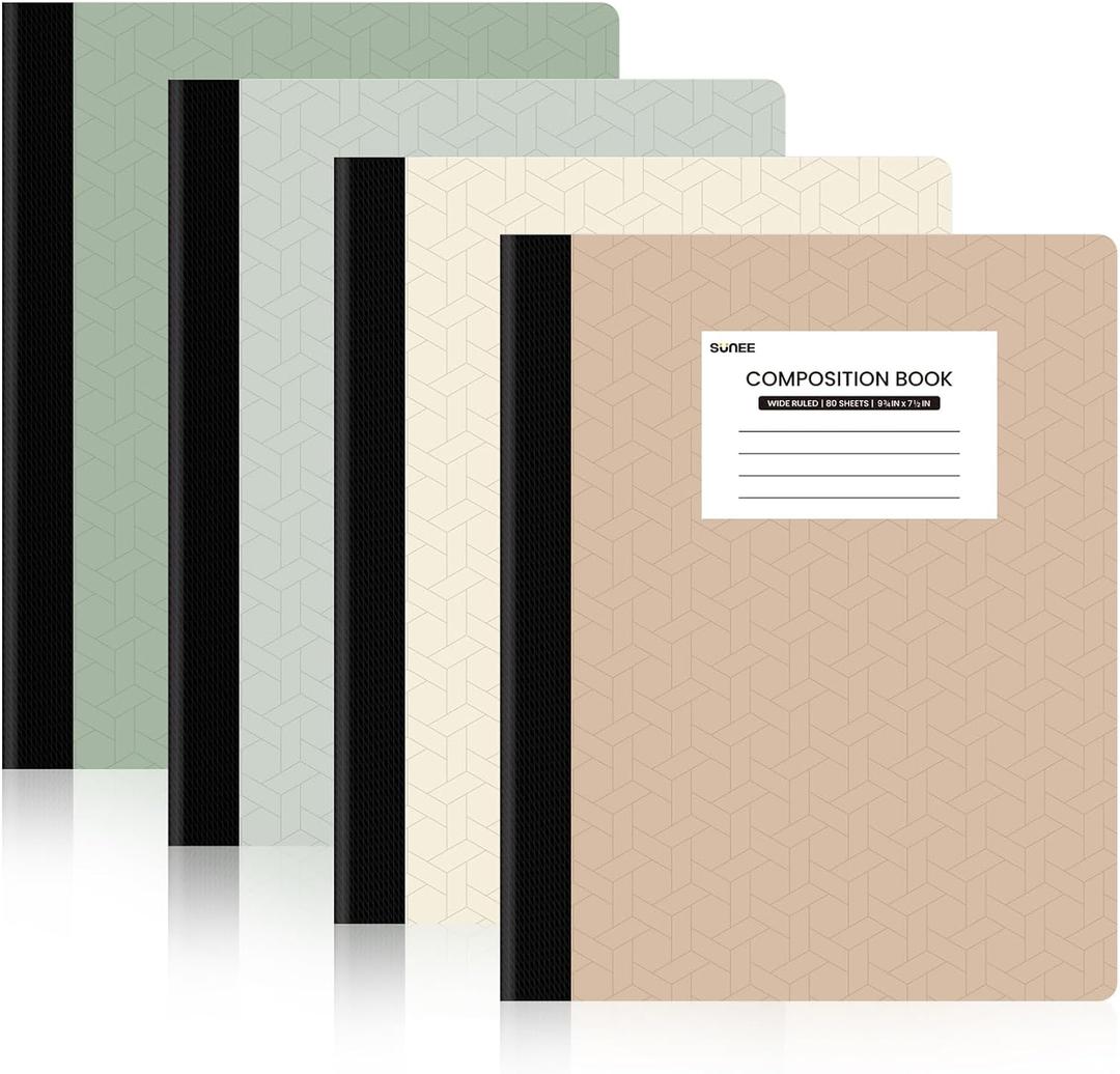 SUNEE Composition Notebooks - Wide Ruled Paper, 4 Pack Composition Book, 9 3/4" x 7 1/2", 80 Sheets/160 Pages, Assorted Morandi Colors, School & Office Supplies (Aesthetic)