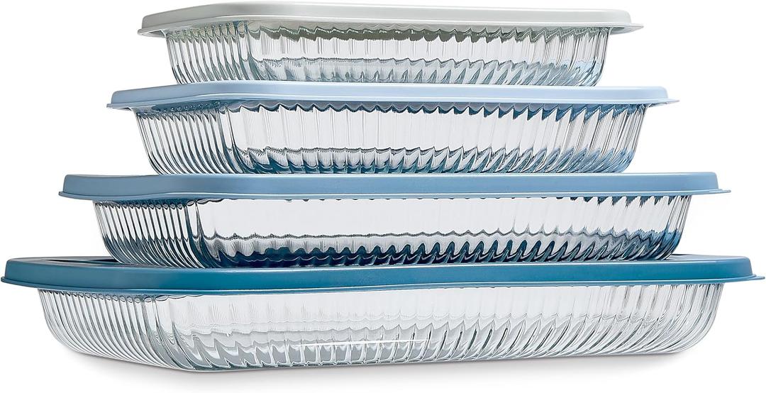 COOK WITH COLOR 8-Piece Deep Glass Baking Dish Set with Plastic Lids  Casserole and Food Storage Containers for Lasagna, Leftovers  Freezer-to-Oven, Microwave & Dishwasher Safe, Fluted Blue