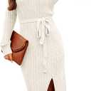 MEROKEETY Women's Winter Spring Long Sleeve Sweater Dress 2026 Fall V Neck Cable Knit Slit Bodycon Midi Dresses (White), Small