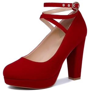 Mostrin Red Chunky High Heels for Women Sexy Closed Toe Platform Pumps with Buckle Strap Mary Jane Dress Shoes for Formal Prom Party Size 9