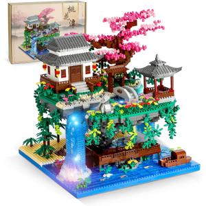 Peach Blossom Pond Micro Mini Building Blocks Set for Adults and Kids, Chinese Architecture Cherry Bonsai Gift Toys with String Lights, Japanese Flowers Tree House Micro Bricks (3320PCS)