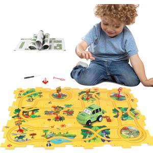Plastic Floor Puzzles for Kids Ages 3-5, Puzzle Track Car Play Set, Educational Montessori Toys for 3 4 5 6 Year Old Boys, 3 4 5 6 Year Old Boy Birthday Gift, Boy Toys Age 3