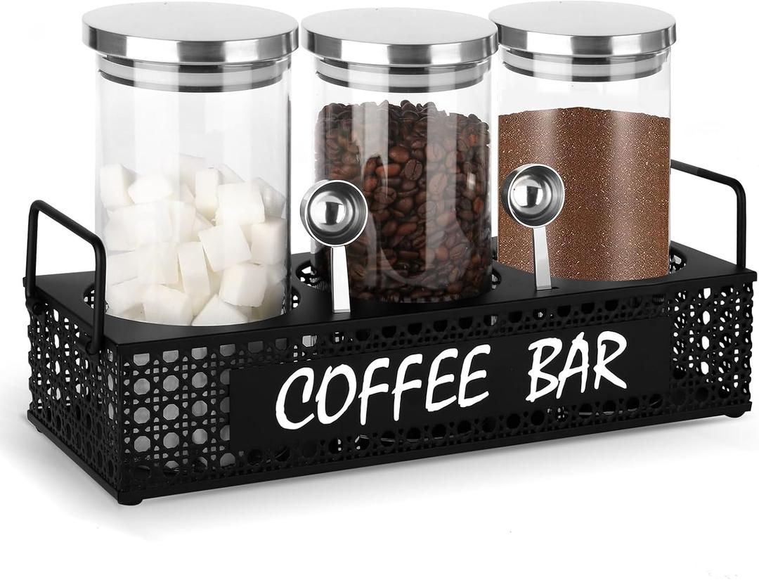 Glass Coffee Containers with Shelf 3x 47oz Coffee Station Organizer Glass Coffee Bean Storage with Spoon Coffee Canister Set Jars for Coffee Bean Ground Nuts (Black-3 Pack)