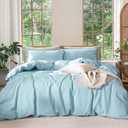 MooMee Bedding Duvet Cover Set 100% Washed Cotton Linen Like Textured Breathable Durable Soft Comfy (Heathered Light Blue, King 104"x90")