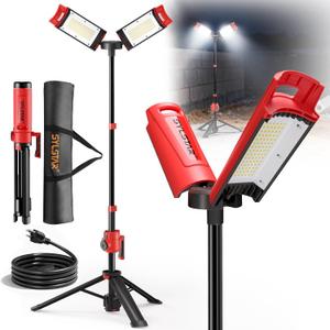 SYLSTAR Hybrid Powered LED Work Light with Tripod, 12000 Lumens Corded & Rechargeable Battery Work Light, 7.4ft Aluminum Telescopic Stand, 3 Brightness Levels, IP65, Dual Head, Portable Job Site Light
