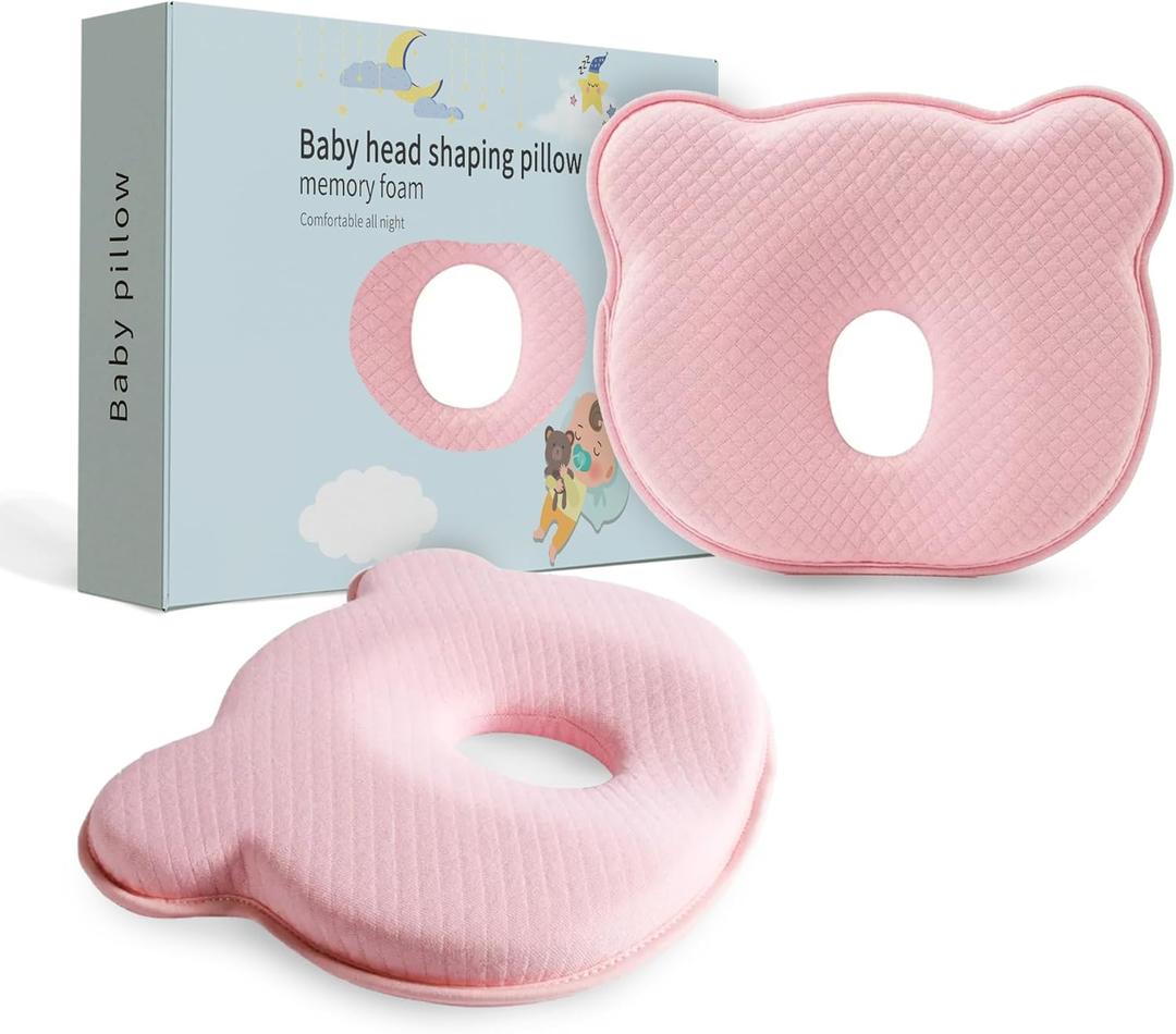 Soft and Breathable Baby Pillow with Memory Foam and Bear Design (Pink)