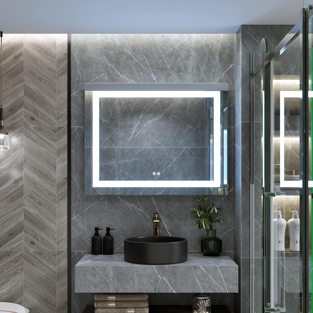 DecorVella
36 x 28 Inch LED Bathroom Mirror, Adjustable 3000K/4500K/6000K Lights, Bathroom Vanity Mirror with Front Lights, Wall Mounted Anti-Fog Dimmable Lighted Makeup Mirror(Horizontal/Vertical)