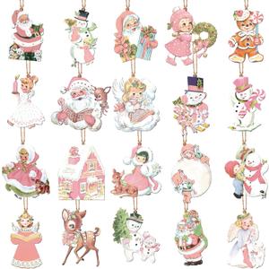 20 Pcs Vintage Christmas Hanging Ornaments Metal Tree Ornaments Santa Snowman Reindeer Snowman Rustic Farmhouse Christmas Tree Decorations for Xmas Winter Holiday Celebrations (Cute, Pink)