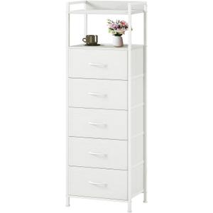 Somdot Tall Dresser for Bedroom, 5 Drawers Nightstand Vertical Storage Tower Unit, Night Stand Furniture with Fabric Drawer Organizer in Bedside Hallway, Entryway, Kids Room, Closet, White Leather