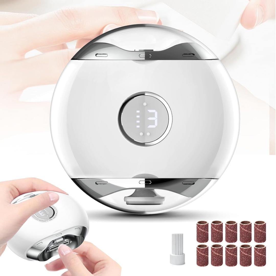 Electric Automatic Nail Clipper with LED Light & 3 Speeds,Fingernail Cutter and Polisher and Exfoliating 3 in 1 Design,Nail Scraps Storage Rechargeable Safety Fingernail Trimmer for Seniors and Adult