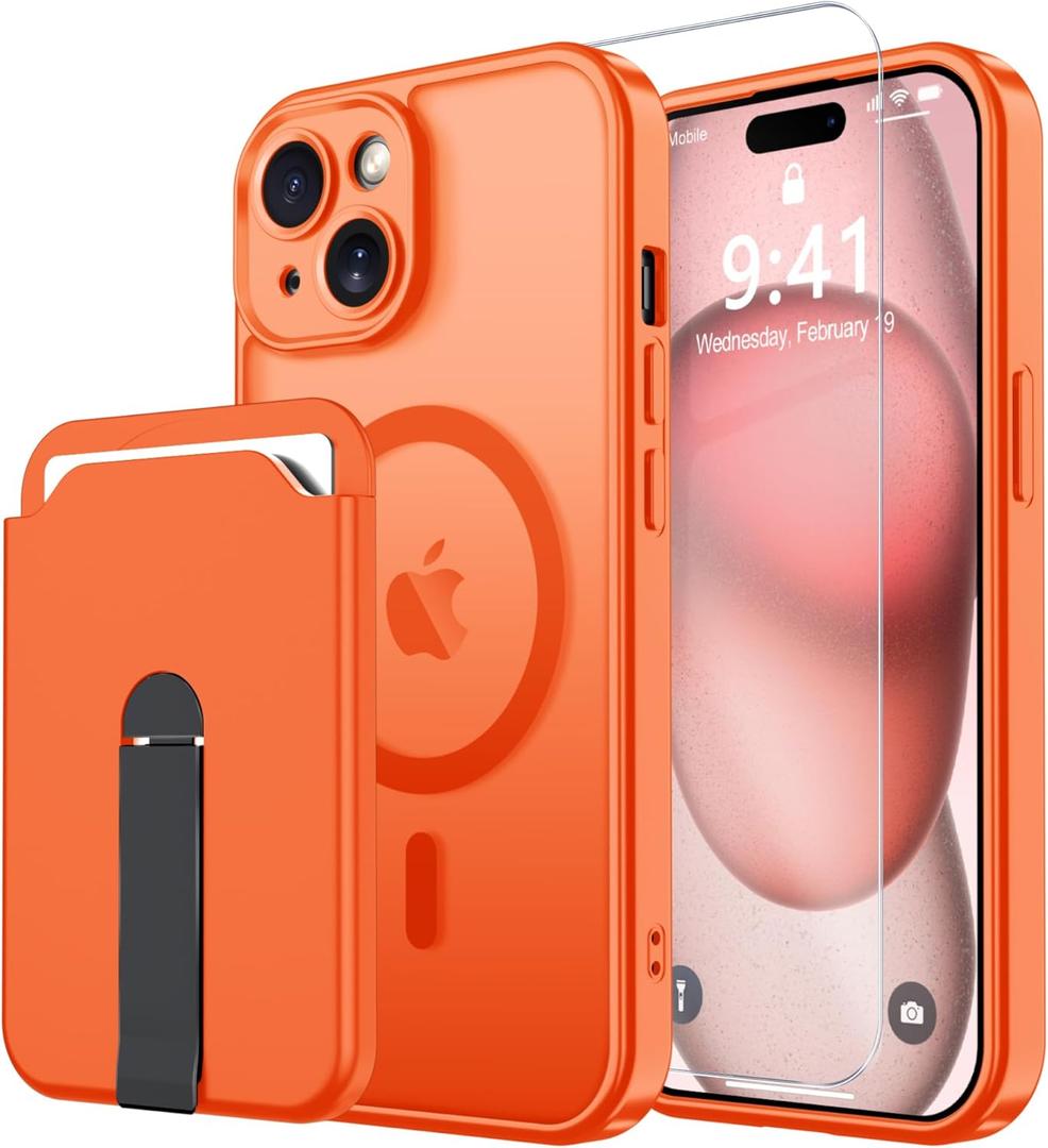 Janmitta Magnetic for iPhone 15 Plus Case Compatible with MagSafe,with Screen Protector+ Removable Magnet Wallet[Built-in Stand],Credit Card Holder,Slim Translucent Matte Phone Cover,Orange