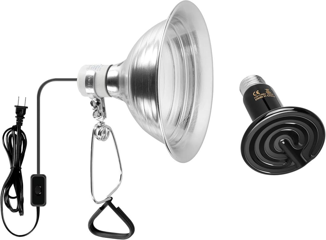 Simple Deluxe 150W Ceramic Reptile Heat Lamp Bulb & 150W Clamp Light with 8.5" Aluminum Reflector Combo for Amphibian Pets, Silver 2024 Version