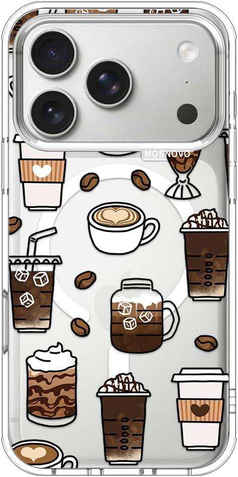 MOSNOVO for iPhone 17 Pro Case | Compatible with Magsafe | Military Grade 6.6ft Drop Tested | Camera Control | Clear with Coffee Design